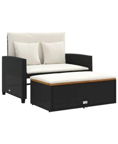 Vidaxl Patio Sofa With Cushions 2 Seater Black Poly Rattan Acacia Wood