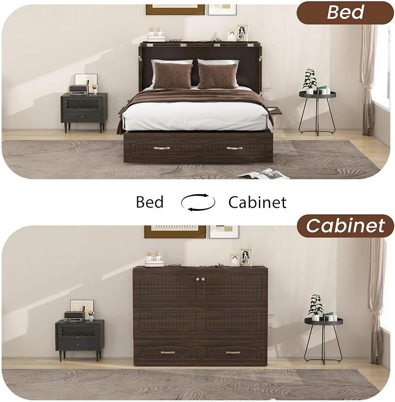 livelylodge Queen Murphy Bed Cabinet with Charging Station for Guest Room, Black Walnut Queen Hideaway Murphy Bed with Storage Drawer and Shelves