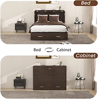 livelylodge Queen Murphy Bed Cabinet with Charging Station for Guest Room, Black Walnut Queen Hideaway Murphy Bed with Storage Drawer and Shelves