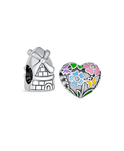 Bling Jewelry Set of 2 Holland Windmill & Love Grows Floral Heart Cz Accent Charm Bead in Oxidized Sterling Silver