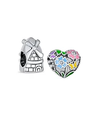 Bling Jewelry Set of 2 Holland Windmill & Love Grows Floral Heart Cz Accent Charm Bead in Oxidized Sterling Silver