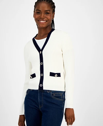 Tommy Hilfiger Women's Contrast Trim V-Neck Button-Front Cardigan