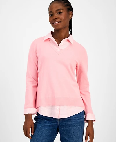 Tommy Hilfiger Women's Cotton Twofer V-Neck Long-Sleeve Sweater
