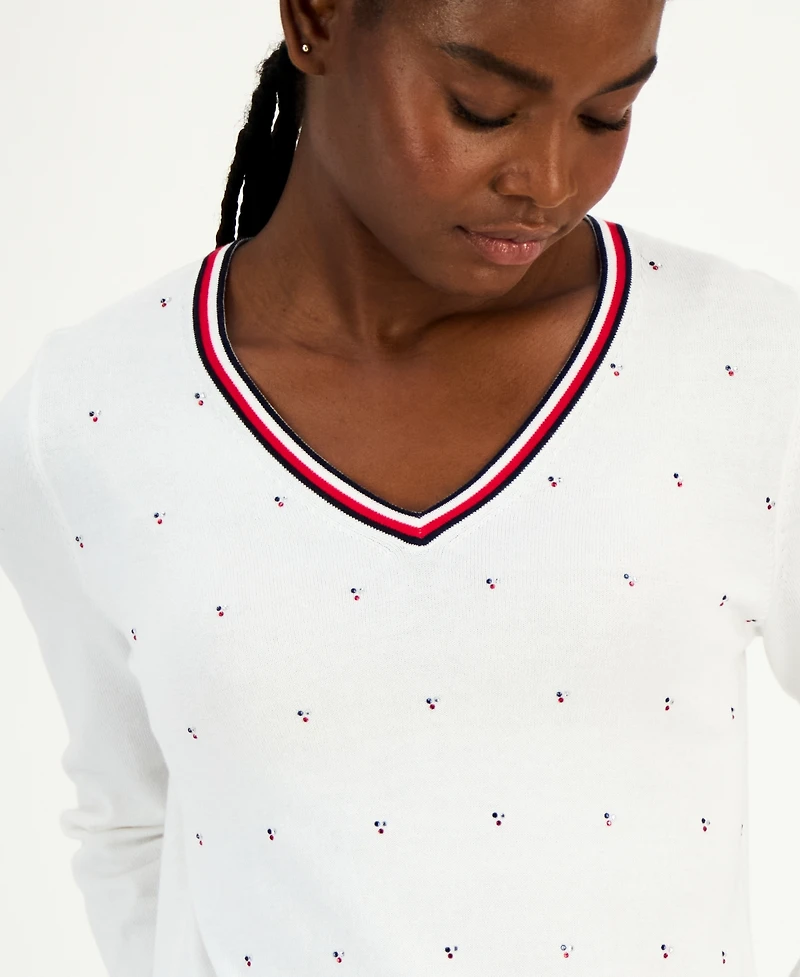 Tommy Hilfiger Women's Cotton Hotfix Cluster V-Neck Sweater