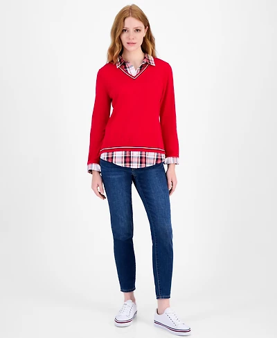 Tommy Hilfiger Women's Cotton Twofer V-Neck Long-Sleeve Sweater