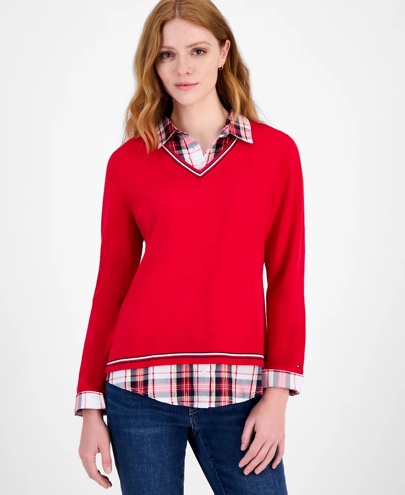 Tommy Hilfiger Women's Cotton Twofer V-Neck Long-Sleeve Sweater