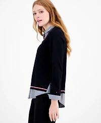 Tommy Hilfiger Women's Cotton Twofer V-Neck Long-Sleeve Sweater