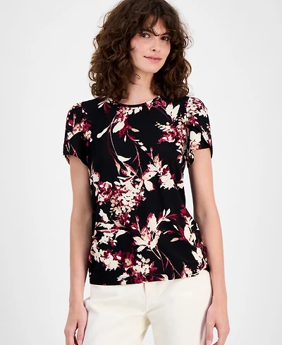 Ak Anne Klein Women's Floral-Print Tulip-Sleeve Top