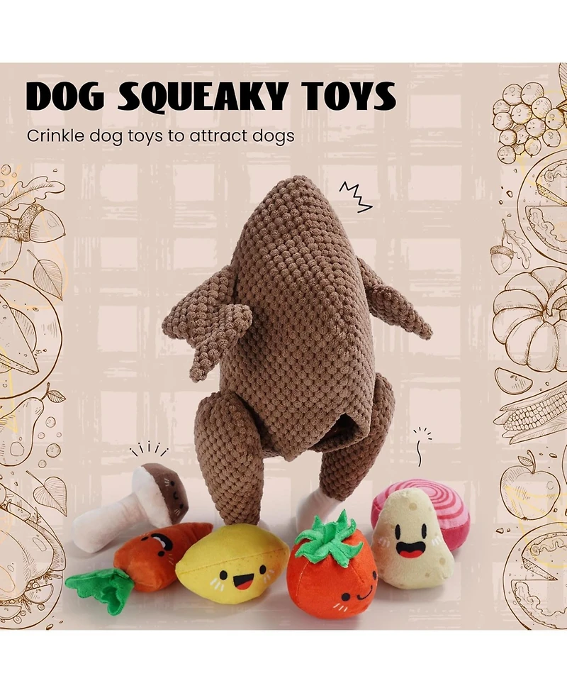 Nocciola 7-in-1 Turkey Dog Toy,Big Turkey Puzzle Toy with 6 Squeaky Veggie Plush Toy, Interactive Enrichment Dog Toys for All Breeds