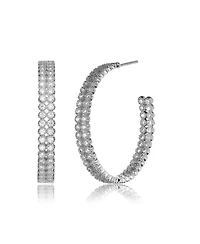 Genevive Sterling Silver White Gold Plating with Clear Cubic Zirconia Open Hoop Earrings