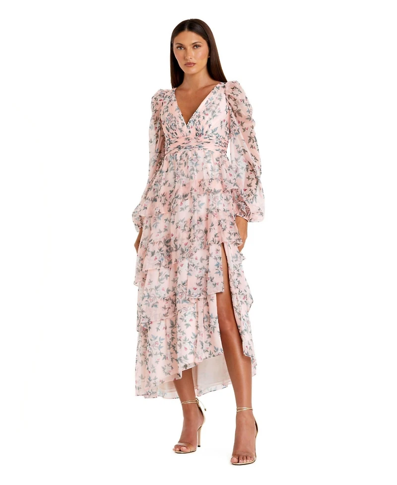 Mac Duggal Women's Elegant Puff Sleeve Floral Midi Dress with A-Line Silhouette and Side Pockets
