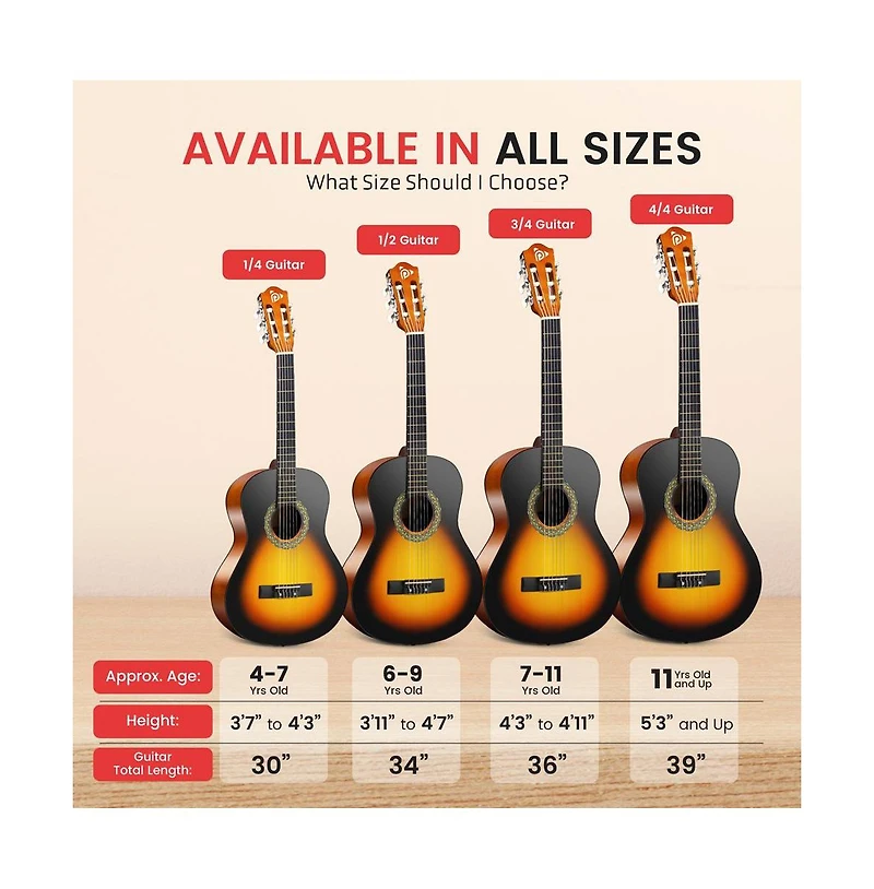 Pyle 36" 3/4 Scale Classical Guitar Kit with Digital Tuner & Accessories - Sunburst, PGACLS82SBD