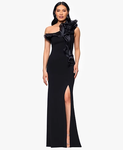 Betsy & Adam Women's Scuba Crepe Organza-Ruffle Long Dress