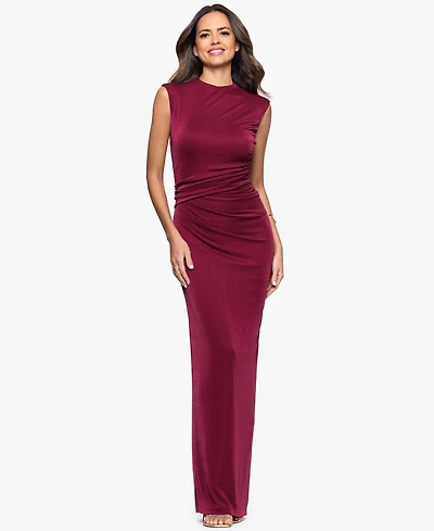 Betsy & Adam Women's Mock-Neck Ruched Sheer-Inset Long Sheath Dress