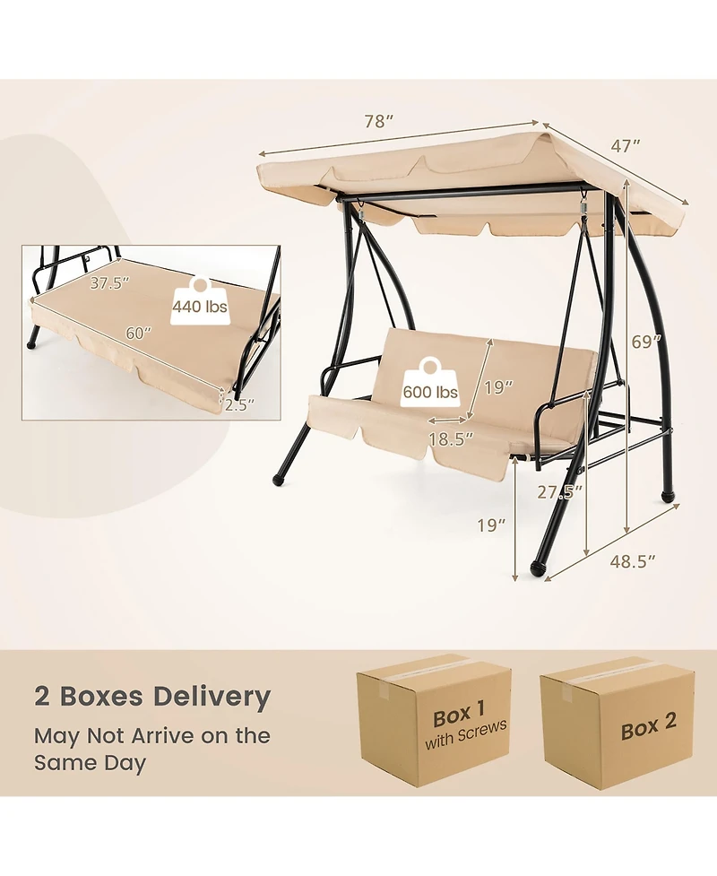 Gymax Outdoor Swing Chair Glider Patio Hammock Converting Flatbed w/ Adjustable Canopy