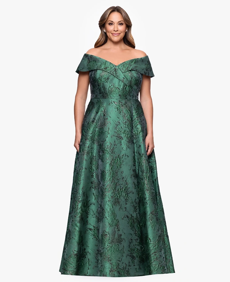 Xscape Plus Off-The-Shoulder Metallic Jacquard Ball Gown