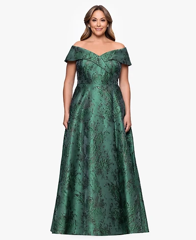 Xscape Plus Off-The-Shoulder Metallic Jacquard Ball Gown