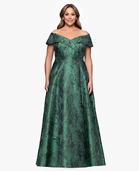 Xscape Plus Off-The-Shoulder Metallic Jacquard Ball Gown