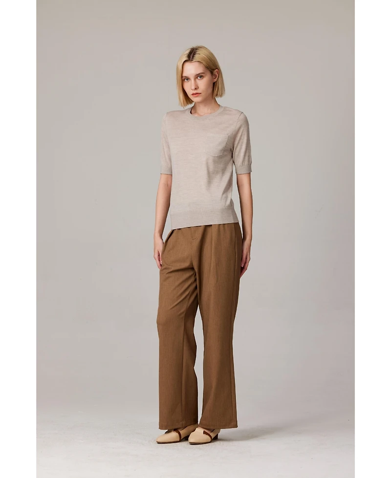 Jennie Liu Women's Tissue Weight 75% Merino Wool 25% Silk Crew Neck Short Sleeve T Shirt Sweater | Ultra Soft Machine-Washable Sweaters