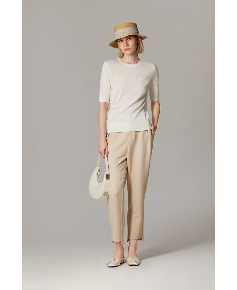 Jennie Liu Women's Tissue Weight 75% Merino Wool 25% Silk Crew Neck Short Sleeve T Shirt Sweater | Ultra Soft Machine-Washable Sweaters