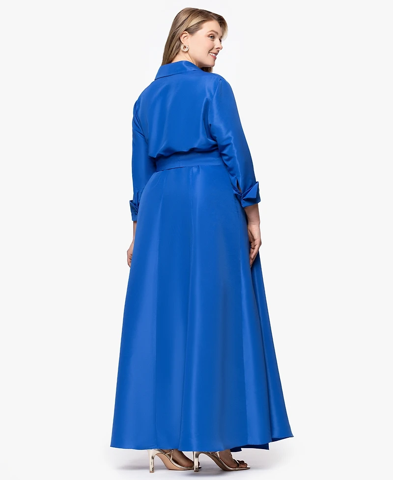 Betsy & Adam Plus Long-Sleeve Tie-Waist Long Dress