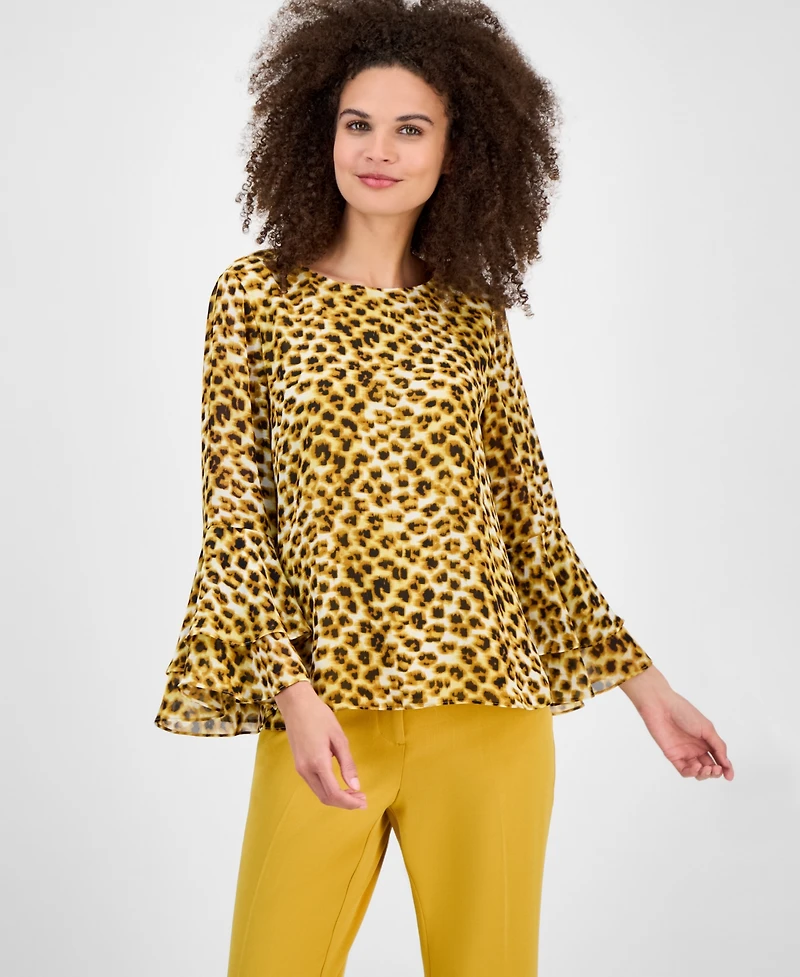 Kasper Women's Printed Ruffle-Cuff Bell-Sleeve Blouse