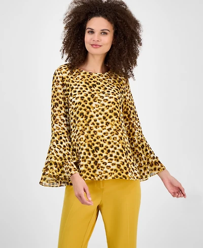 Kasper Women's Printed Ruffle-Cuff Bell-Sleeve Blouse