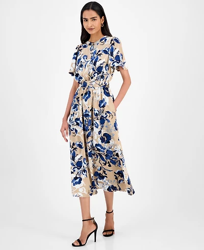Kasper Floral-Print Tie-Waist Midi Dress, Regular & Petite