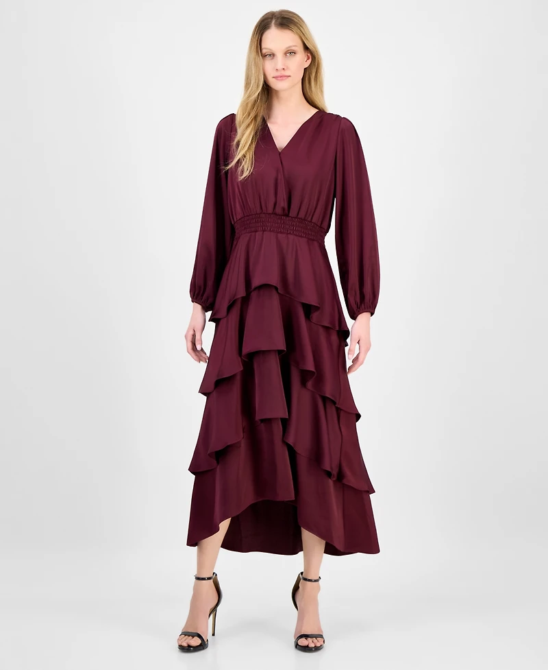 Anne Klein Women's Satin Surplice-Neck Tiered Midi Dress