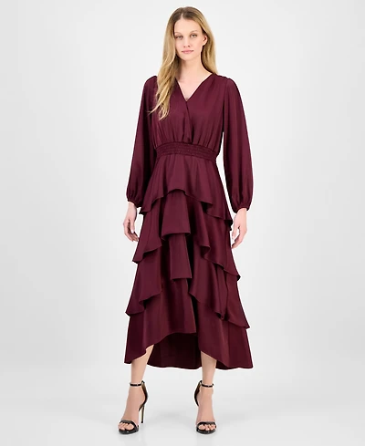 Anne Klein Women's Satin Surplice-Neck Tiered Midi Dress