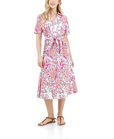 Fever Women's Button Front Tie Waist Midi Dress