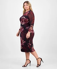 Anne Klein Plus Floral Mesh Side-Ruched Midi Dress