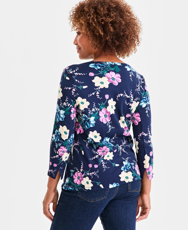 Style & Co Women's Printed Pima Cotton 3/4 Sleeve Boat-Neck Top, Macy's Exclusive