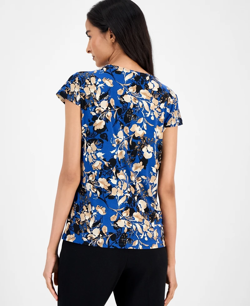 Kasper Floral-Print Cap-Sleeve Cowlneck Blouse, Regular & Petite