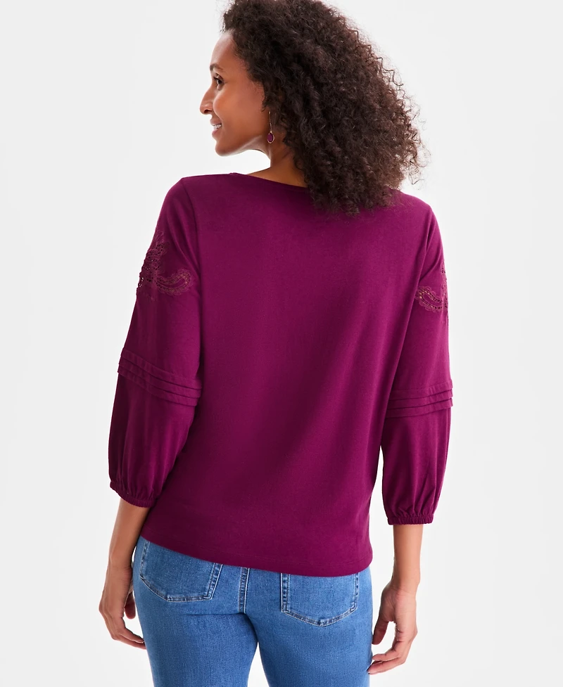 Style & Co Women's Embroidered Lace-Trim Knit Blouse, Macy's Exclusive