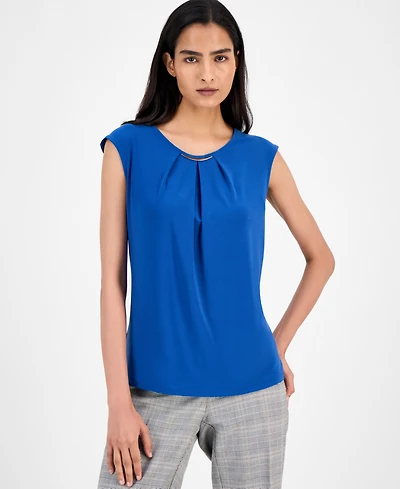 Kasper Pleated-Neck Cap-Sleeve Blouse, Regular & Petite