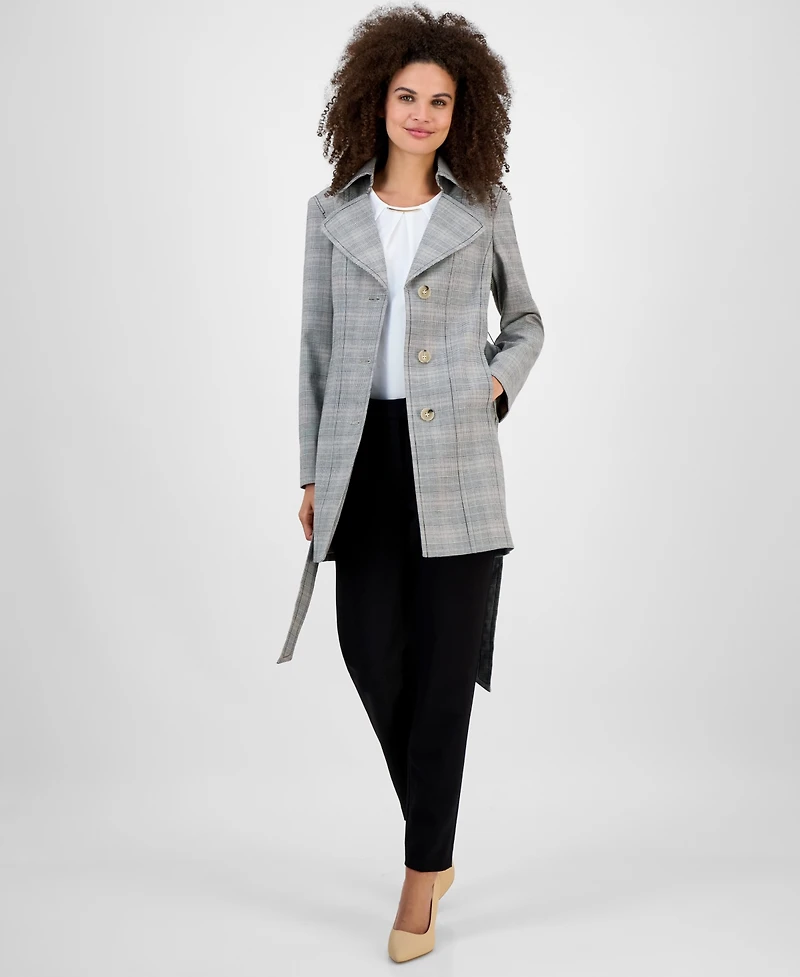 Kasper Plaid Belted Trench Coat, Regular & Petite