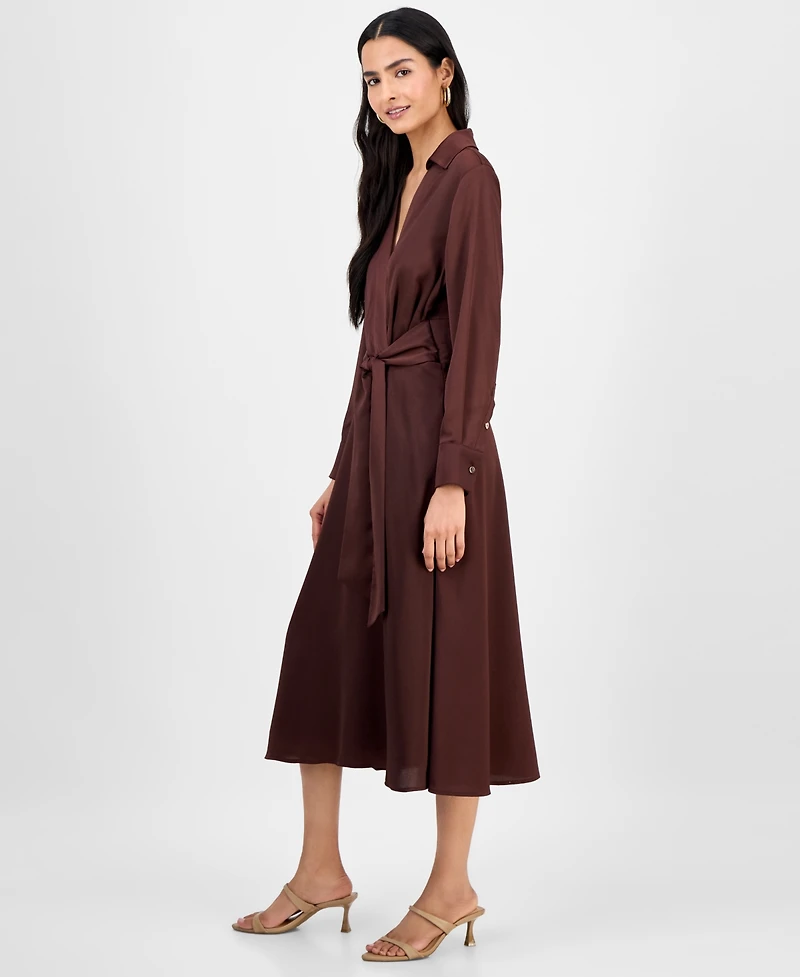 Tahari Asl Women's Collared V-Neck Tie-Waist Midi Dress