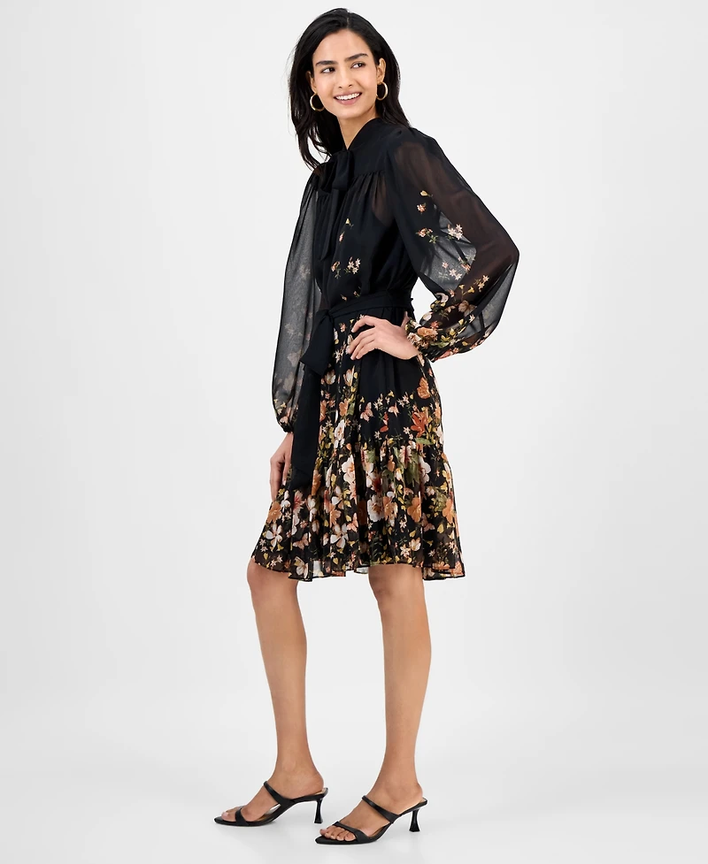 Tahari Asl Women's Tie-Neck Belted Long-Sleeve Dress