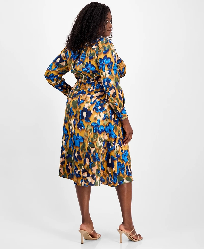 Tahari Asl Plus Printed V-Neck Tie-Waist Midi Dress