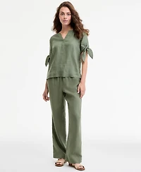 Charter Club Women's 100% Linen Split-Neck Tie-Cuff Top, Created for Macy's