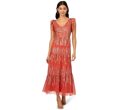 Adrianna Papell Women's Beaded Mesh Tiered Midi Dress