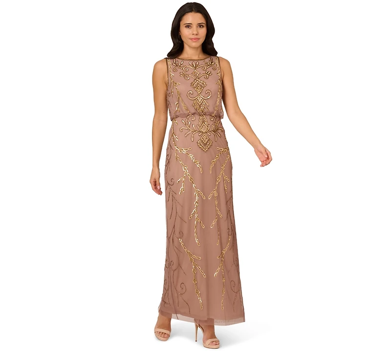 Adrianna Papell Women's Beaded Blouson Sleeveless Long Dress