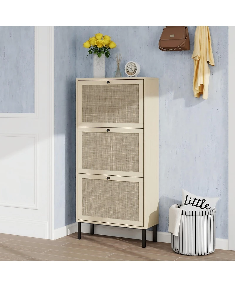 Boyel Living Rattan Shoe Storage Cabinet with 3 Flip Drawers Rattan 3 Door Shoe Rack Freestanding Modern Shoe Storage Cabinet for Entryway, Natural