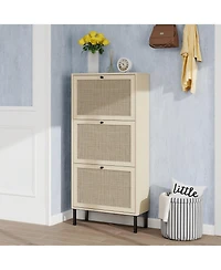 Boyel Living Rattan Shoe Storage Cabinet with 3 Flip Drawers Rattan 3 Door Shoe Rack Freestanding Modern Shoe Storage Cabinet for Entryway, Natural