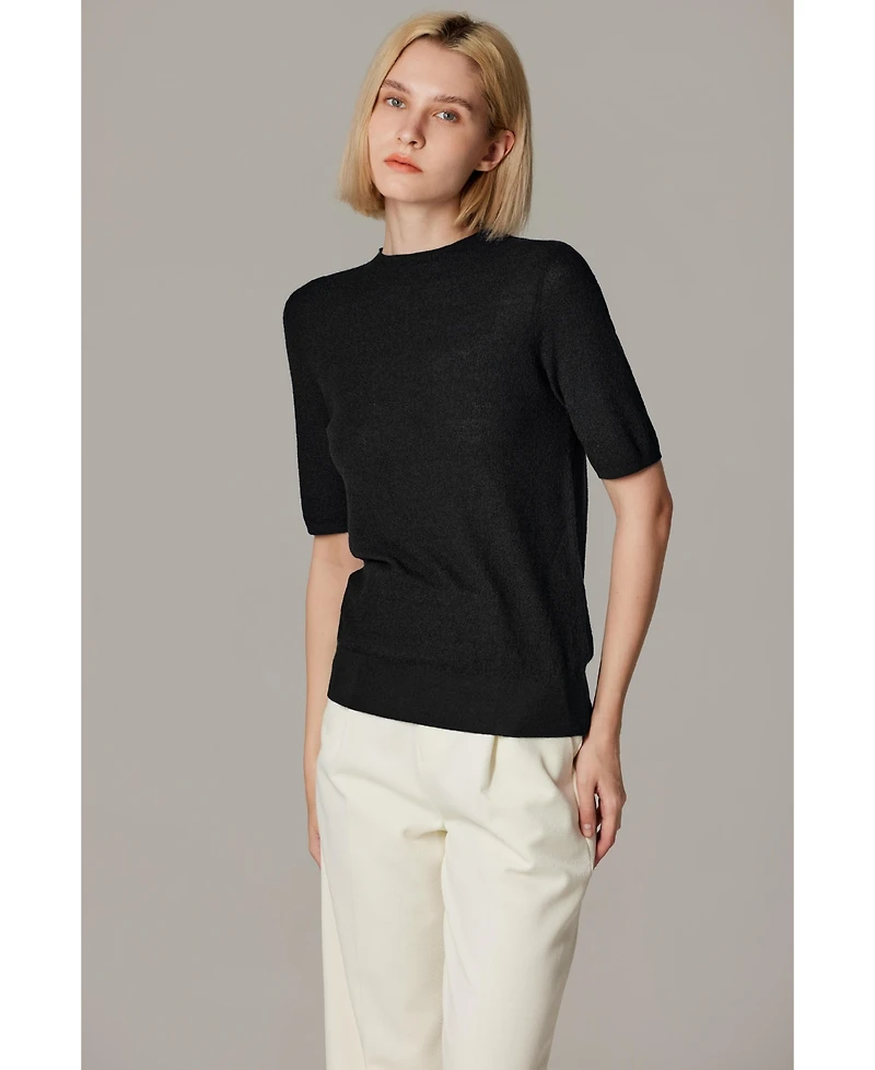 Jennie Liu Women's Funnel Neck Short Sleeve Sweater | 75% Merino Wool 25% Silk Ultra Soft Fine-gauge Knit Top Machine Washable