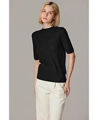 Jennie Liu Women's Funnel Neck Short Sleeve Sweater | 75% Merino Wool 25% Silk Ultra Soft Fine-gauge Knit Top Machine Washable