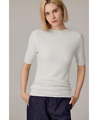 Jennie Liu Women's Funnel Neck Short Sleeve Sweater | 75% Merino Wool 25% Silk Ultra Soft Fine-gauge Knit Top Machine Washable
