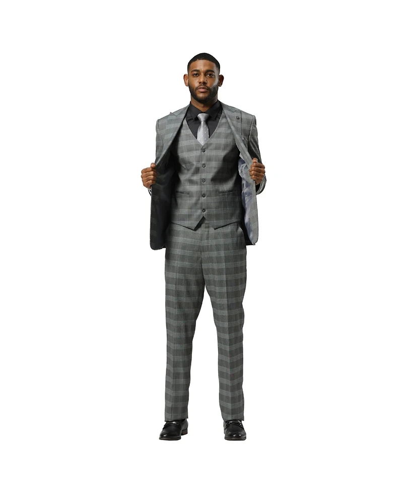 Stacy Adams Big & Tall Glen Plaid 3-Piece Jacket With Solid Vest And Pants Suit Peak Lapel