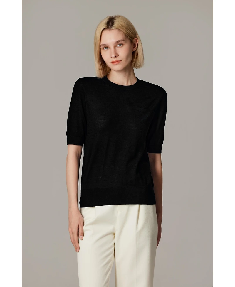 Jennie Liu Women's Tissue Weight 75% Merino Wool 25% Silk Crew Neck Short Sleeve T Shirt Sweater | Ultra Soft Machine-Washable Sweaters